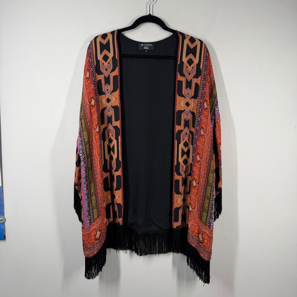 Etro Neiman Marcus Silk Kimono Fringe Wrap Paisley Geometric Orange Black Sz L